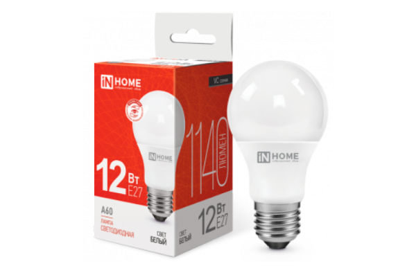 E27 12W 150-275VAC 6500K A60 IN HOME 4690612020259 лампа светодиодная
