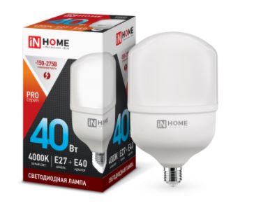 E27 40W 150-275VAC 4000K IN HOME 81х130mm лампа светодиодная (c переходом E40)