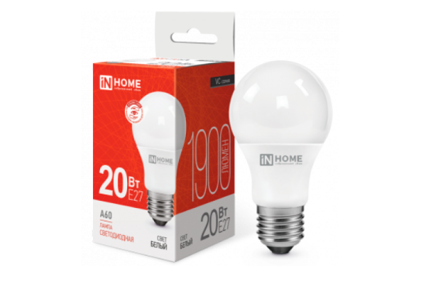 E27 20W 150-275VAC 6500K A60 IN HOME 4690612020310 лампа светодиодная