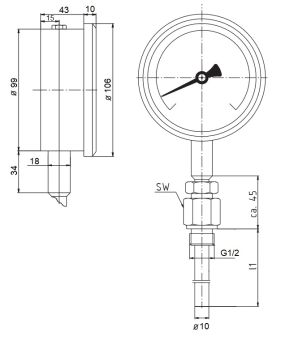 TG100-650G +50+650°С Ø100 G1/2R 120/10mm термометр виброустойчивый